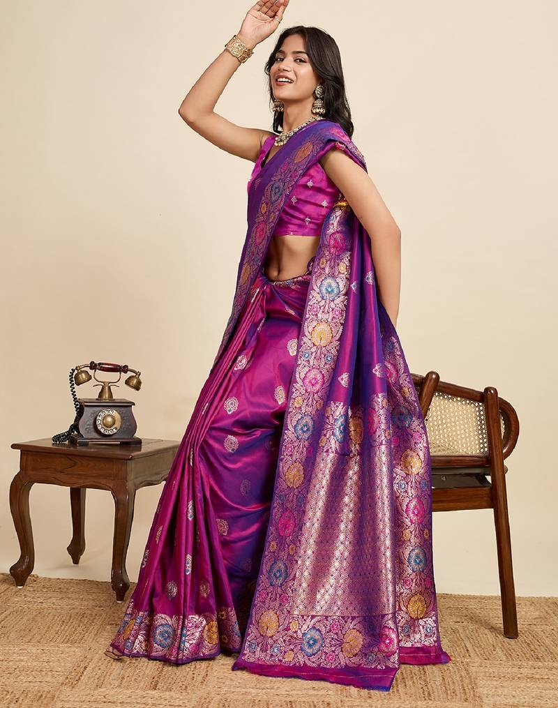 Purple zari work jacquard saree with blouse