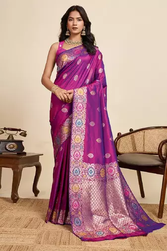 Purple zari work jacquard saree with blouse