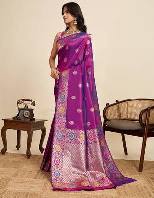 Purple zari work jacquard saree with blouse 3