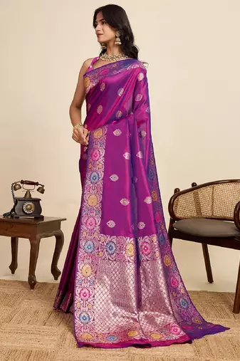 Purple zari work jacquard saree with blouse