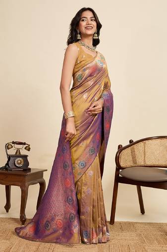 Golden zari work jacquard saree with blouse