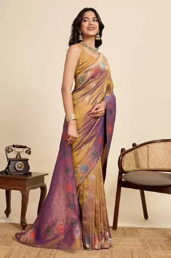 Golden zari work jacquard saree with blouse