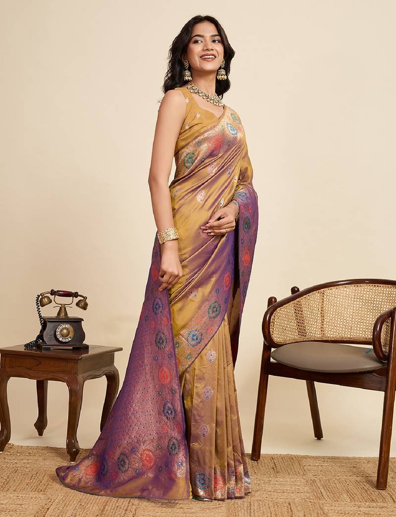 Golden zari work jacquard saree with blouse