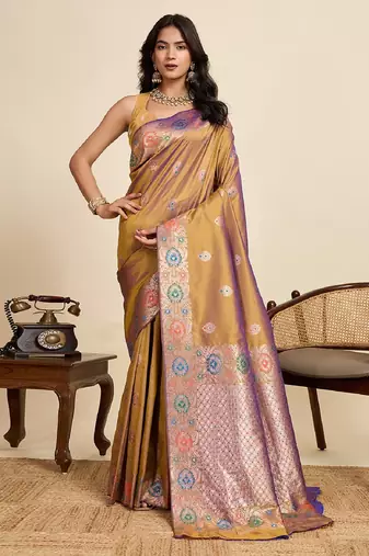 Golden zari work jacquard saree with blouse