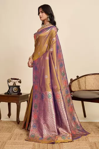 Golden zari work jacquard saree with blouse