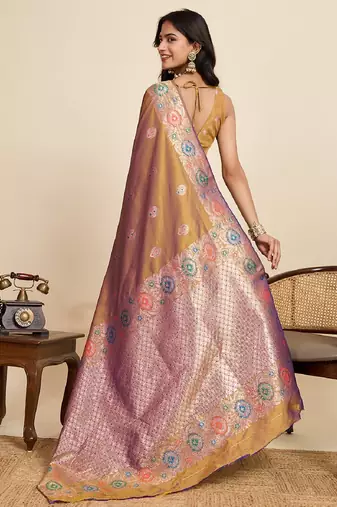 Golden zari work jacquard saree with blouse