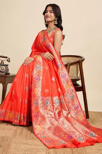 Orange zari work jacquard saree with blouse