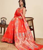 Orange zari work jacquard saree with blouse
