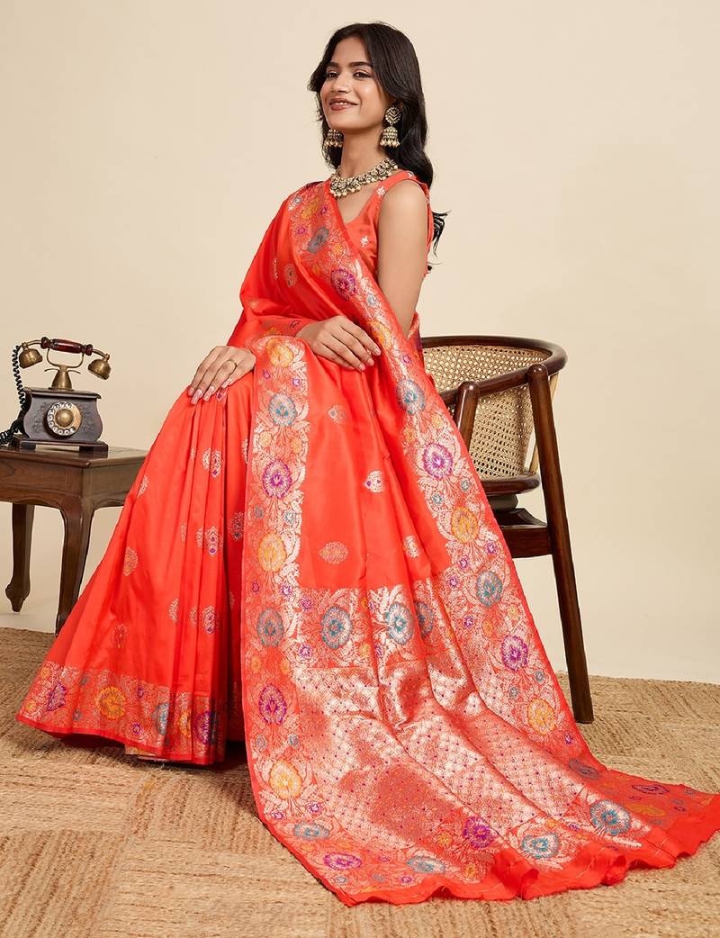 Orange zari work jacquard saree with blouse