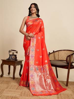 Orange zari work jacquard saree with blouse 2