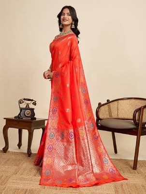 Orange zari work jacquard saree with blouse 3