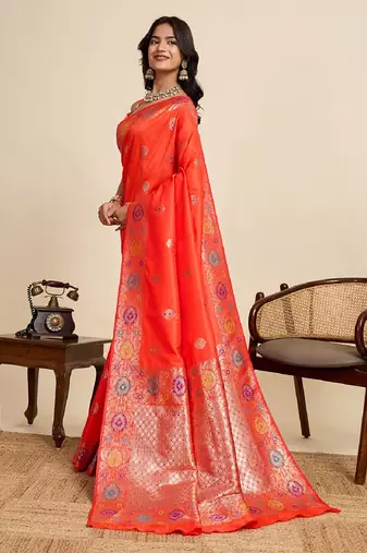 Orange zari work jacquard saree with blouse