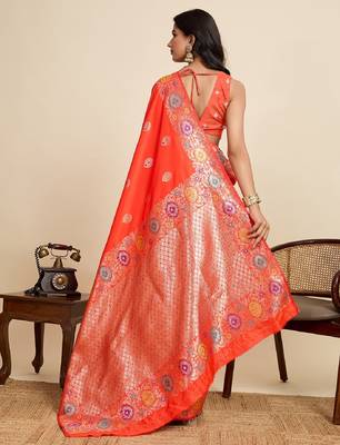 Orange zari work jacquard saree with blouse 4