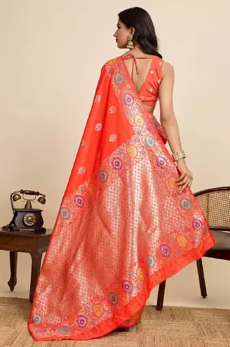 Orange zari work jacquard saree with blouse