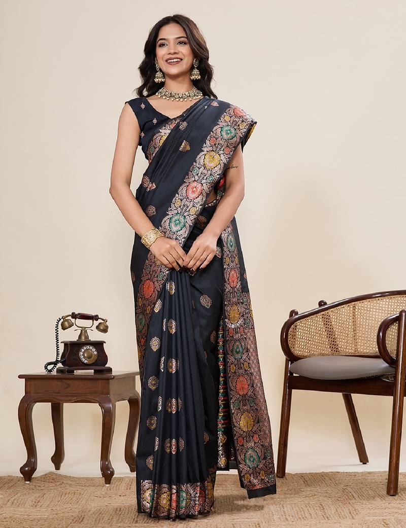 Black zari work jacquard saree with blouse