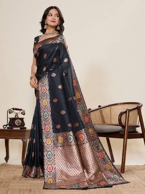 Black zari work jacquard saree with blouse 3