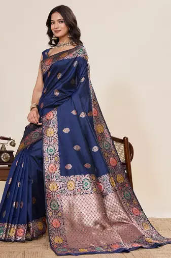 Navy blue zari work jacquard saree with blouse