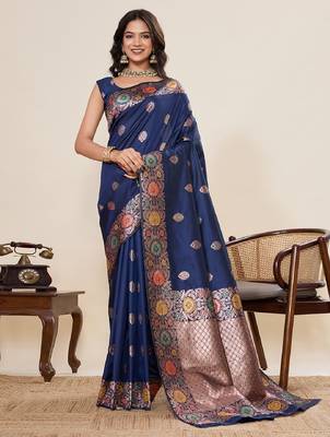 Navy blue zari work jacquard saree with blouse 2