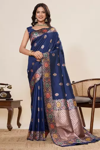Navy blue zari work jacquard saree with blouse