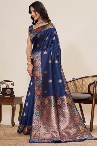 Navy blue zari work jacquard saree with blouse