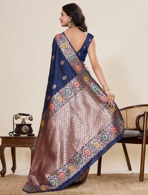 Navy blue zari work jacquard saree with blouse 4