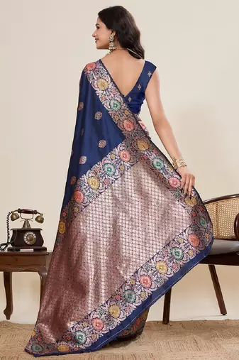 Navy blue zari work jacquard saree with blouse