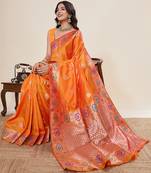 Rust zari work jacquard saree with blouse