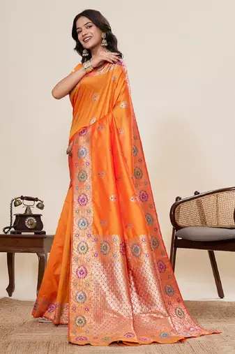 Rust zari work jacquard saree with blouse