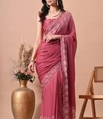 Women's pink floral print chiffon saree with unstitched blouse piece