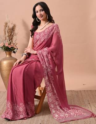 Women's pink floral print chiffon saree with unstitched blouse piece 2