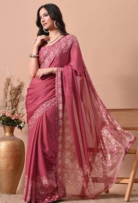 Women's pink floral print chiffon saree with unstitched blouse piece 3