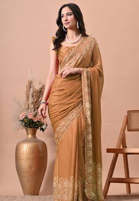 Women's orange floral print chiffon saree with unstitched blouse piece 1