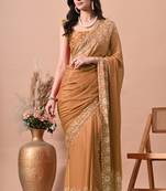 Women's orange floral print chiffon saree with unstitched blouse piece