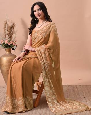 Women's orange floral print chiffon saree with unstitched blouse piece 2