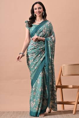 Women's teal floral print chiffon saree with unstitched blouse piece 1