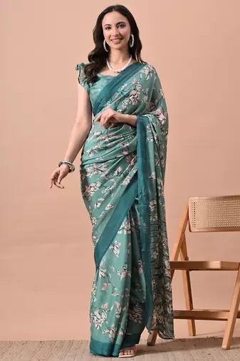 Women's teal floral print chiffon saree with unstitched blouse piece