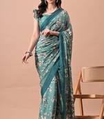 Women's teal floral print chiffon saree with unstitched blouse piece