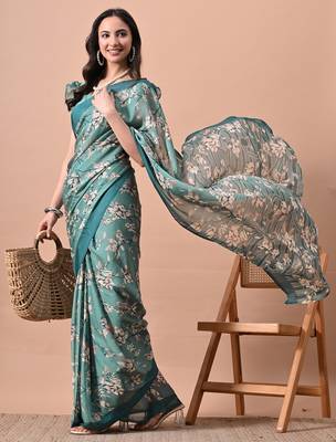 Women's teal floral print chiffon saree with unstitched blouse piece 2
