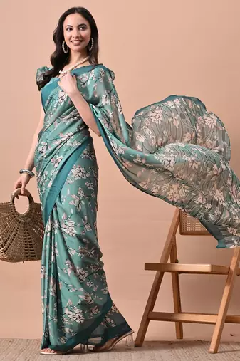 Women's teal floral print chiffon saree with unstitched blouse piece