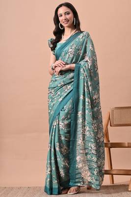 Women's teal floral print chiffon saree with unstitched blouse piece 3