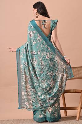 Women's teal floral print chiffon saree with unstitched blouse piece 4