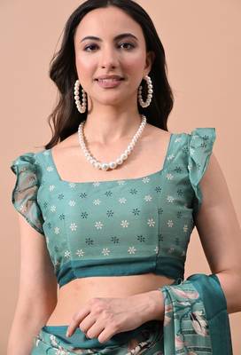 Women's teal floral print chiffon saree with unstitched blouse piece 5