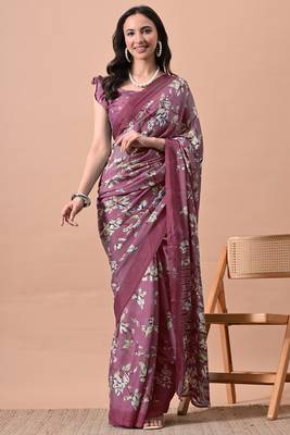 Women's plum floral print chiffon saree with unstitched blouse piece 1