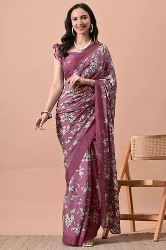 Women's plum floral print chiffon saree with unstitched blouse piece