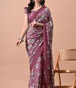 Women's plum floral print chiffon saree with unstitched blouse piece