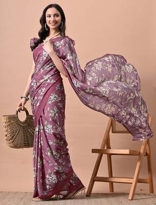 Women's plum floral print chiffon saree with unstitched blouse piece 2
