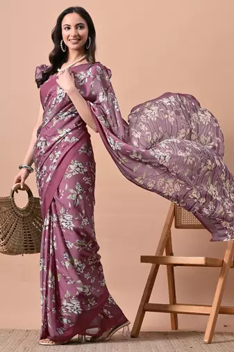 Women's plum floral print chiffon saree with unstitched blouse piece