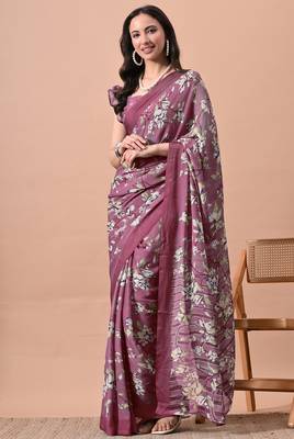 Women's plum floral print chiffon saree with unstitched blouse piece 3