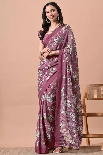 Women's plum floral print chiffon saree with unstitched blouse piece