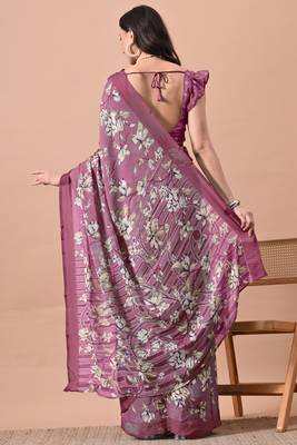 Women's plum floral print chiffon saree with unstitched blouse piece 4